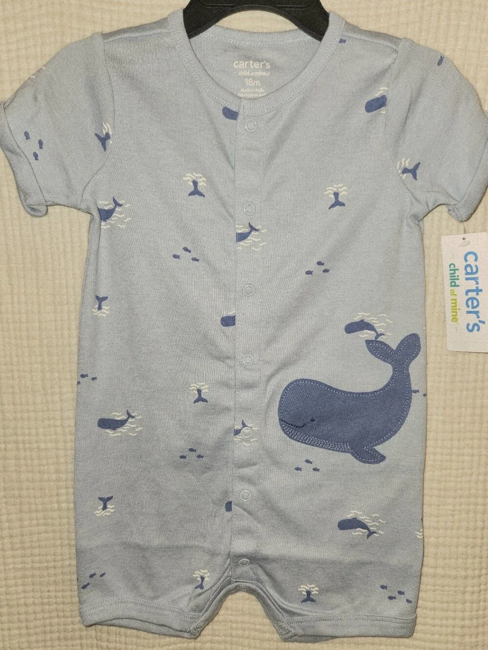 Carter's Child Of Mine Boy Romper Blue Whale Appliqué Short Sleeves 18M  NWT